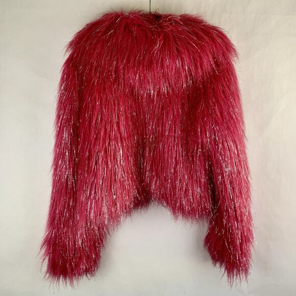 Vtg Y2K Blanc Noir Jacket Hot Pink Faux Fur Silver Coat Medium CLUB RAVE Furry - Picture 2 of 13